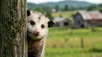 Adorable young opossum peeking from behind wooden fence post in rural countryside setting with green fields and farm buildings in background.