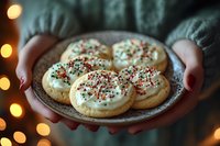 Homemade sugar cookies with white frosting and festive sprinkles on vintage plate. Cozy holiday atmosphere with soft bokeh lights in background. Hands holding plate.