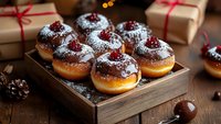 Fresh baked donuts with powdered sugar and cherry topping served in rustic wooden box, festive holiday dessert with gift boxes and pine cones on dark table.