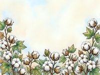 Watercolor cotton plant border with fluffy white bolls and green leaves on soft pastel sky background, copy space for text.