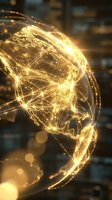 Golden digital earth globe with glowing network connections and data streams against blurred city lights background for technology and communication concepts.