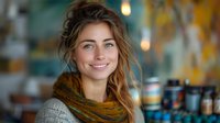 Young Caucasian woman with natural makeup and messy updo hairstyle wearing olive green scarf smiling at camera in cozy cafe setting with warm autumn bokeh background.