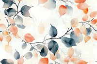Delicate watercolor leaves in coral pink and navy blue create an elegant botanical pattern on white background. Seamless repeat design for fabric, wallpaper and stationery.