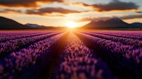Lavender field at sunset with purple flowers in rows leading to golden sun and mountains. Agricultural landscape for aromatherapy and wellness concepts.