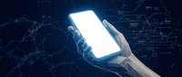 Hand holding glowing smartphone with blank white screen against dark blue digital network background with connected lines and nodes for technology concepts.