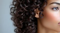 Close up portrait of young mixed race woman with natural curly dark hair and glowing skin against light background, side view showing half face.