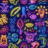 Vibrant neon mystic symbols and doodles on dark background create glowing seamless pattern with occult, esoteric and magical elements in modern style.