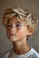 Young boy with blonde wavy hair and blue eyes gazing upward with gentle expression, wearing white t-shirt against neutral background. Natural lighting highlights facial features.