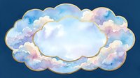 Watercolor cloud frame with golden border on blue background for greeting cards and invitations.