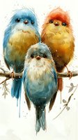Colorful watercolor birds perched on branch, featuring blue, orange, and gray songbirds with expressive eyes. Suitable for greeting cards and nursery art.