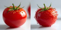 Fresh ripe red tomatoes with water drops and green stems on white background, macro photography showing texture and natural freshness.