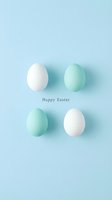 Minimalist Happy Easter greeting with pastel mint and white eggs on a soft blue background, perfect for spring holiday cards and social media.