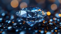 Brilliant blue diamond on dark surface with bokeh lights and sparkles in background creates luxurious gemstone composition for jewelry and luxury concepts.