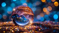 Crystal ball on glittering surface with magical bokeh lights in blue and orange tones creating dreamy atmospheric composition for fantasy and fortune telling concepts.