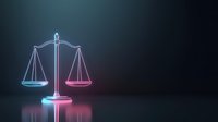 Glowing neon scales of justice on dark background with blue and pink gradient lighting effects, symbolizing law, balance and legal system concept.