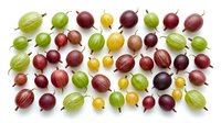 Gooseberries in various ripeness stages arranged on white background, displaying green, yellow, and red varieties. Suitable for food photography, culinary content, nutrition education, and healthy eating promotions.
