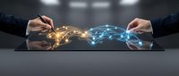 Two businesspeople exchange glowing digital data streams from tablets, symbolizing secure information transfer, technology collaboration, and modern business communication in corporate environments.