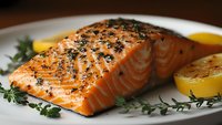 Grilled salmon fillet seasoned with black pepper and herbs, served on white plate with fresh lemon wedges and aromatic herbs garnish. Close up food photography.