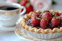 Fresh strawberry tart with flaky golden crust and dark berry filling served on decorative plate alongside cup of black coffee, close-up food photography.