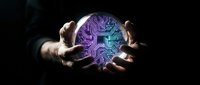 Hands holding glowing digital circuit board sphere with purple and blue neon lights representing artificial intelligence and futuristic technology concepts.