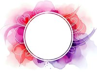 Watercolor floral frame with pink and purple blooms surrounding empty white circle for text or logo design on transparent background.