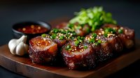 Glazed pork belly slices garnished with green onions and sesame seeds on wooden board, served with spicy sauce and fresh garlic, dark moody background.