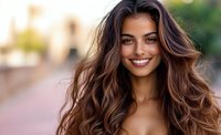 Young Mediterranean woman with radiant smile and flowing brunette wavy hair against soft blurred background, showcasing natural beauty and positive emotion.