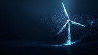 Futuristic wind turbine created from glowing blue dots and lines against dark background, representing digital transformation in renewable energy technology.