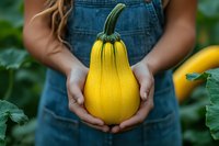 Young farmer in denim overalls holding fresh yellow squash from garden harvest, close-up view of hands presenting organic homegrown produce against green foliage.