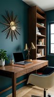 Mid-century modern home office with walnut desk, teal walls, sunburst clock, brass lamp, open shelving, and laptop for productive workspace.