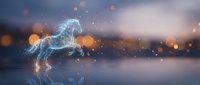 Glowing electric blue horse made of lightning energy leaping through magical bokeh lights against dreamy twilight sky background for fantasy designs.