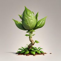Fantasy green plant with twisted stem and large leaf crown growing from soil patch with small ground foliage and pebbles on light background.