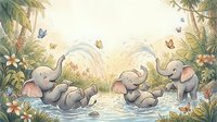 Adorable baby elephants playing and splashing in tropical water surrounded by lush jungle vegetation and colorful butterflies in watercolor style.