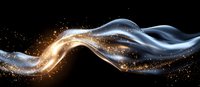 Magical glowing wave with golden sparkles and silver smoke flowing on black background, abstract light trail effect for luxury design projects.