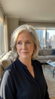 Confident mature Caucasian businesswoman with silver hair in elegant navy blouse standing in modern office interior with city view background.