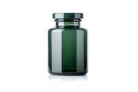 Empty green glass jar with screw cap lid on white background, isolated product photography for packaging and cosmetic industry use.