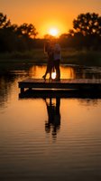 Romantic couple silhouette embracing on wooden dock at golden sunset over calm lake with trees and warm orange sky reflection in water for love concepts.