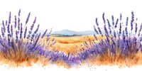 Watercolor landscape with blooming lavender flowers in foreground and golden wheat fields stretching to distant mountains, painted in soft purple and amber hues.