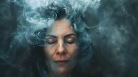 Middle-aged woman with closed eyes surrounded by ethereal turquoise smoke creating mysterious atmospheric portrait against dark background. Artistic photography concept.