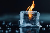 Orange flame burning through melting ice cube on reflective dark surface with water drops, dramatic contrast between fire and ice creates striking visual effect.