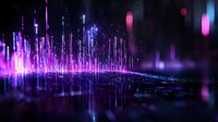 Glowing purple and blue digital waves rise from reflective surface creating futuristic abstract visualization with light effects and bokeh background.