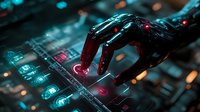 Futuristic robotic hand touching digital interface with glowing red elements on advanced technological circuit board in dark cybernetic environment.