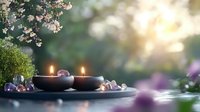 Tranquil spa composition with burning candles in stone bowls, healing crystals and spring cherry blossoms against blurred nature background with soft bokeh effect.