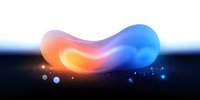 Abstract fluid shape with vibrant orange and blue gradient colors floating in dark space with glowing particles and light effects creating magical atmosphere.