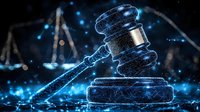 Digital gavel with blue neon light effect on dark background, legal technology concept with glowing particles and network connections for law firm presentation.