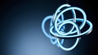 Glowing neon blue interlocking rings forming abstract geometric sphere on dark background, suitable for technology and science concepts.