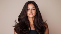 Young woman with flowing dark hair and natural makeup smiling at camera against beige background, showcasing healthy, voluminous hairstyle for beauty and haircare advertising.