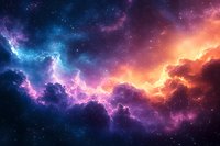 Vibrant cosmic nebula with swirling clouds of blue, purple and orange illuminated by starlight, creating dramatic space scenery against dark universe background.