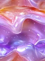 Shimmering waves of pink and purple liquid with water droplets creating an ethereal abstract background pattern for luxury cosmetic advertising.
