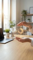 Woman holding transparent holographic interface with glowing golden controls and digital settings in modern office workspace with laptop and plants, representing future technology and innovation.